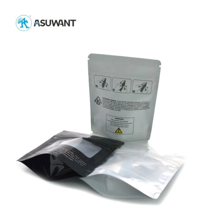 Child-resistant pouches showing pouch width, grip area and locking zipper position
