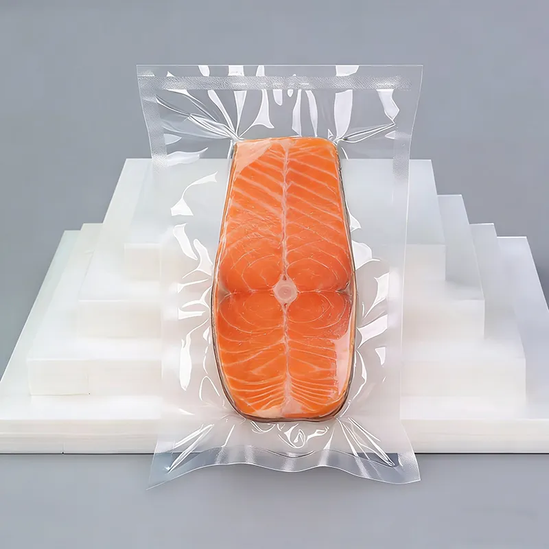 Clear smooth vacuum bag around a salmon fillet