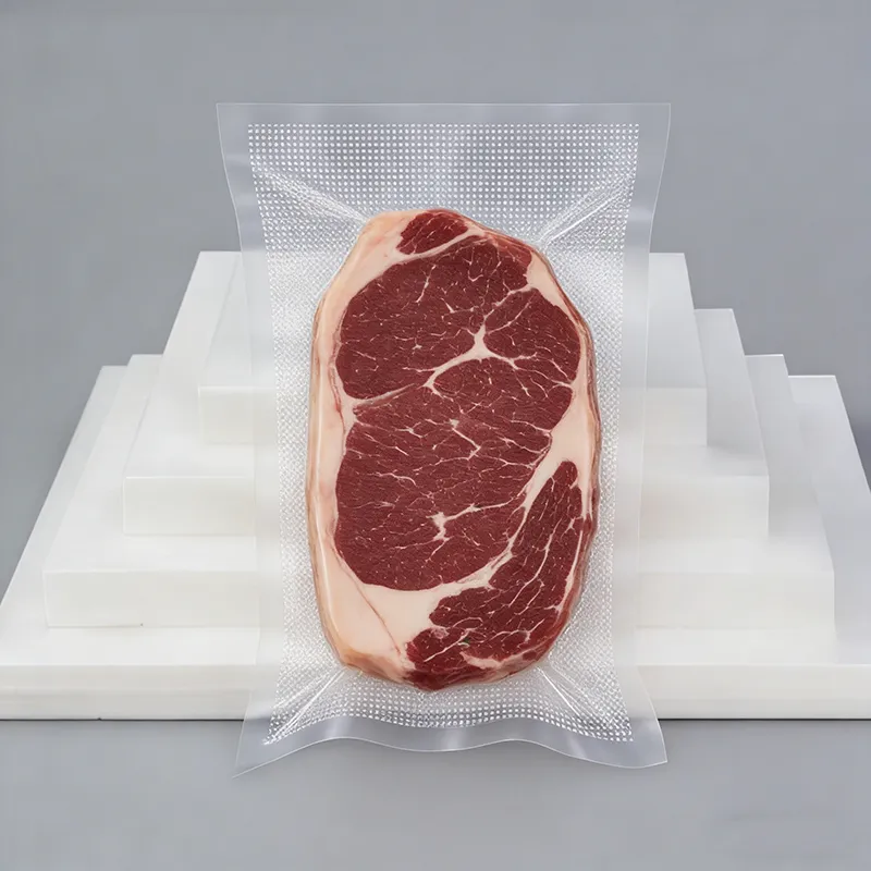 Embossed vacuum bag around a steak