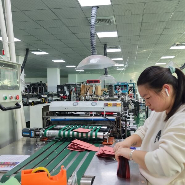 Operator inspecting flexible pouches on a bag-making line