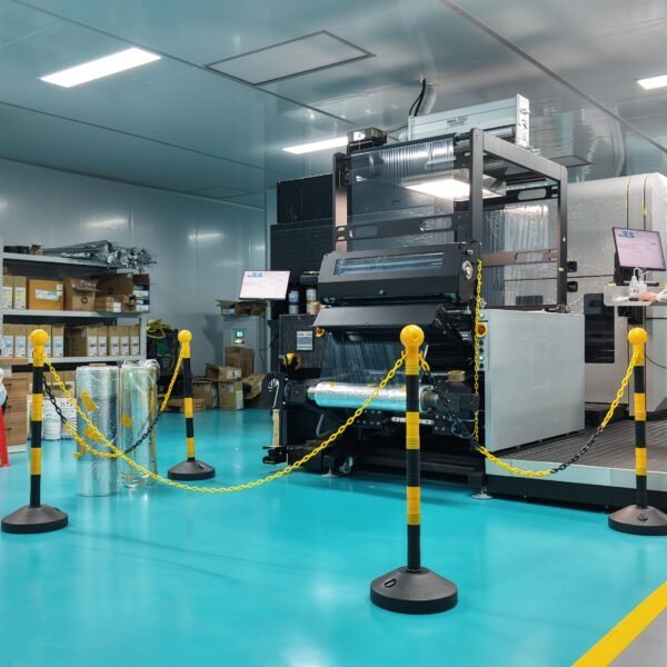Printed roll stock film production equipment in a clean factory