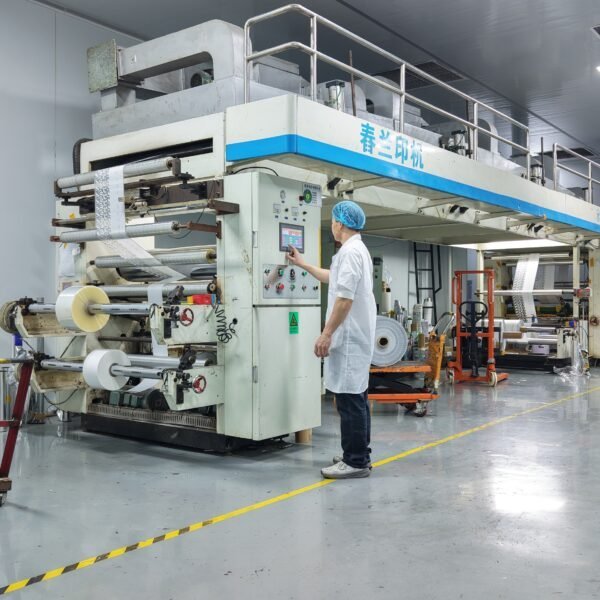Flexible packaging film being laminated in the factory