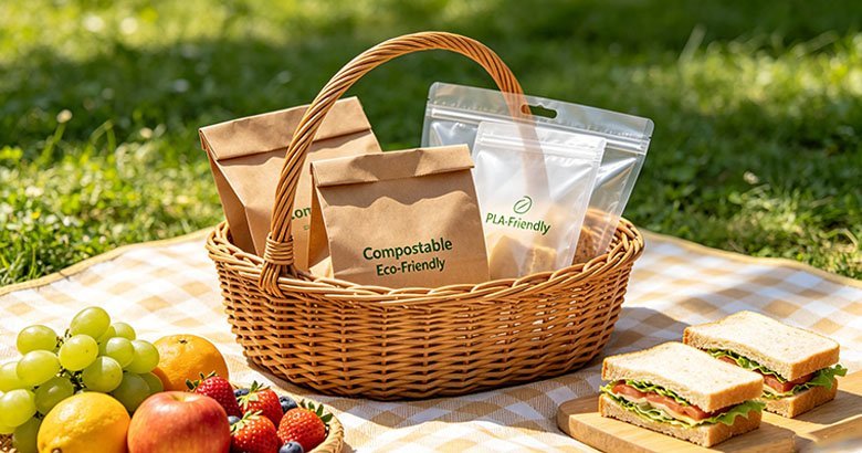 Compostable flexible packaging material and pouch examples
