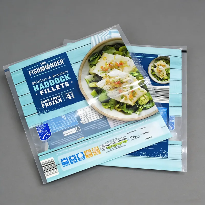 Clear seafood vacuum packaging with fish fillets