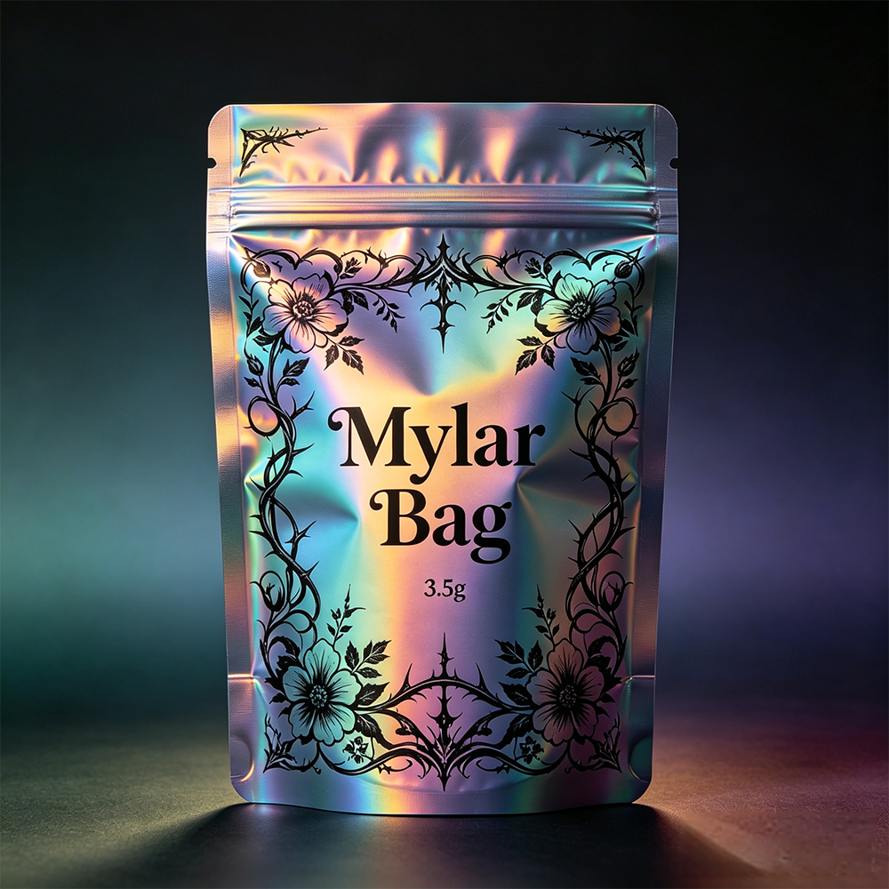 Custom 3.5g Mylar stand-up pouches for cannabis flower packaging