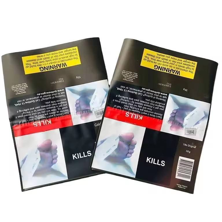 custom fold over tobacco pouches with yellow warning panels