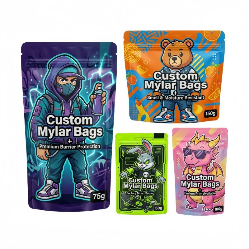 Custom printed 3.5g smell-proof stand-up Mylar zip bags for cannabis packaging