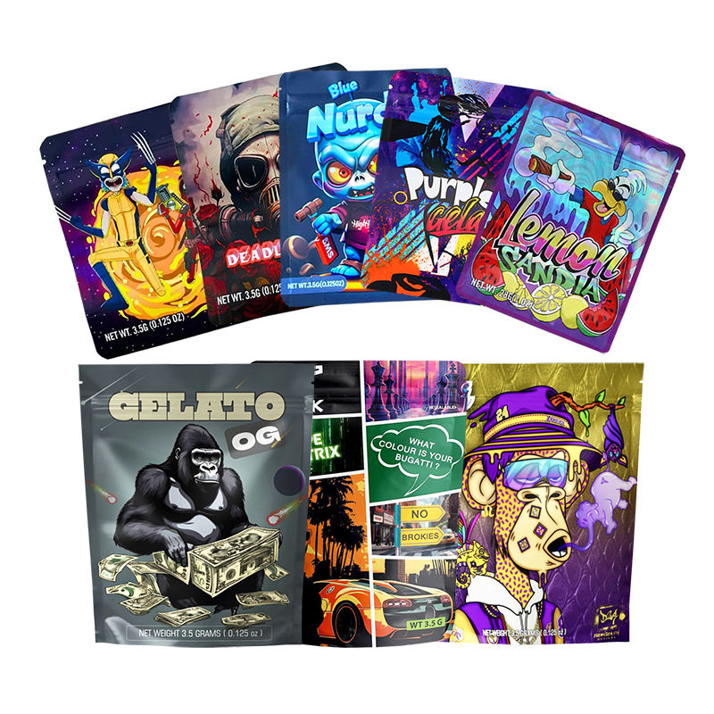 Custom smell-proof Mylar stand-up pouches for cannabis packaging