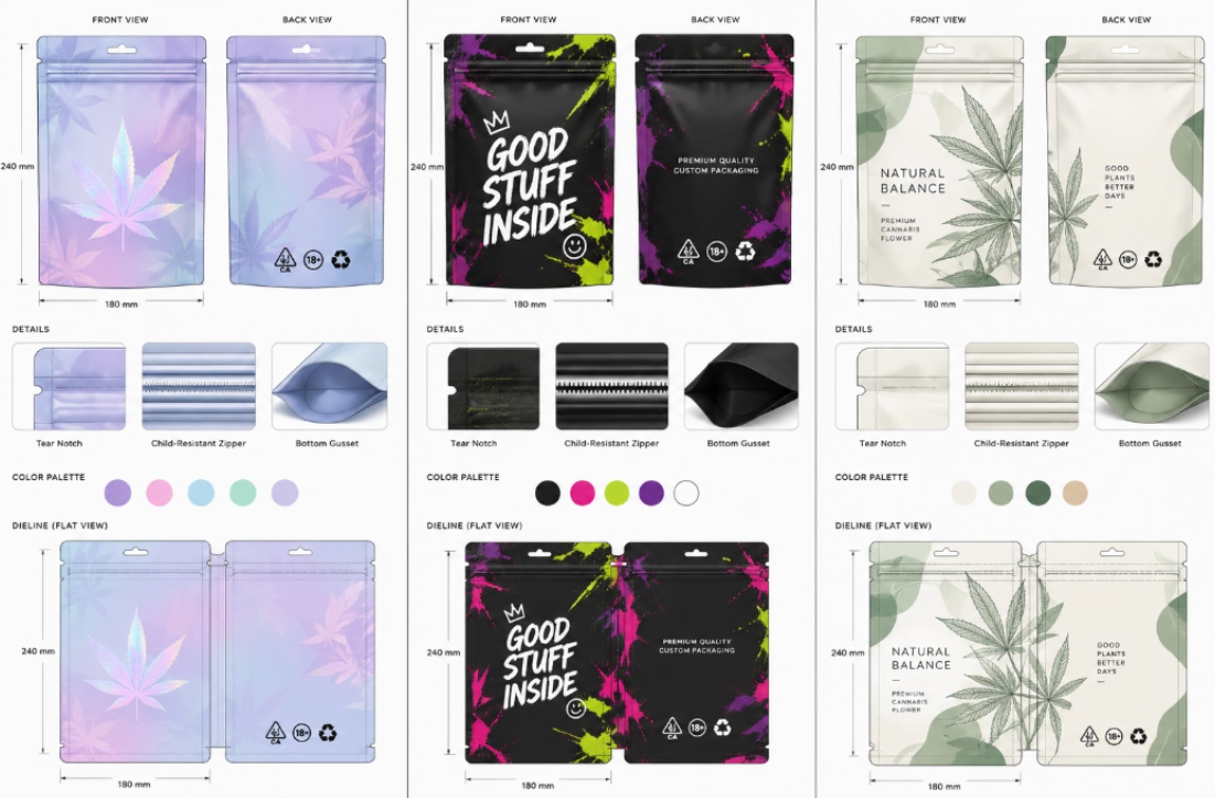 Low MOQ cannabis pouch sample range for startup brands