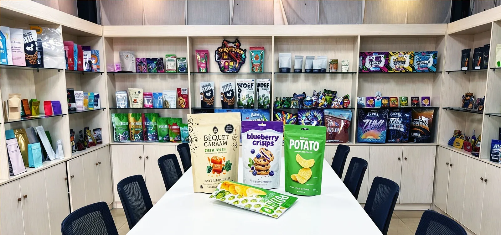 Custom cannabis packaging product range in factory showroom