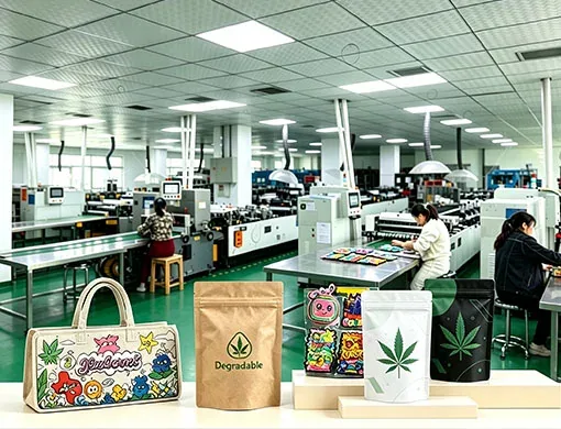 Cannabis pouch samples displayed inside the packaging production floor