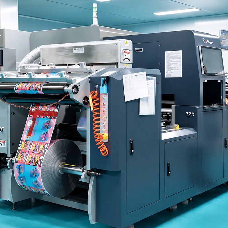 Operator running a flexible packaging printing machine