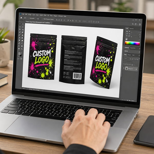 Technician checking custom packaging artwork and dieline