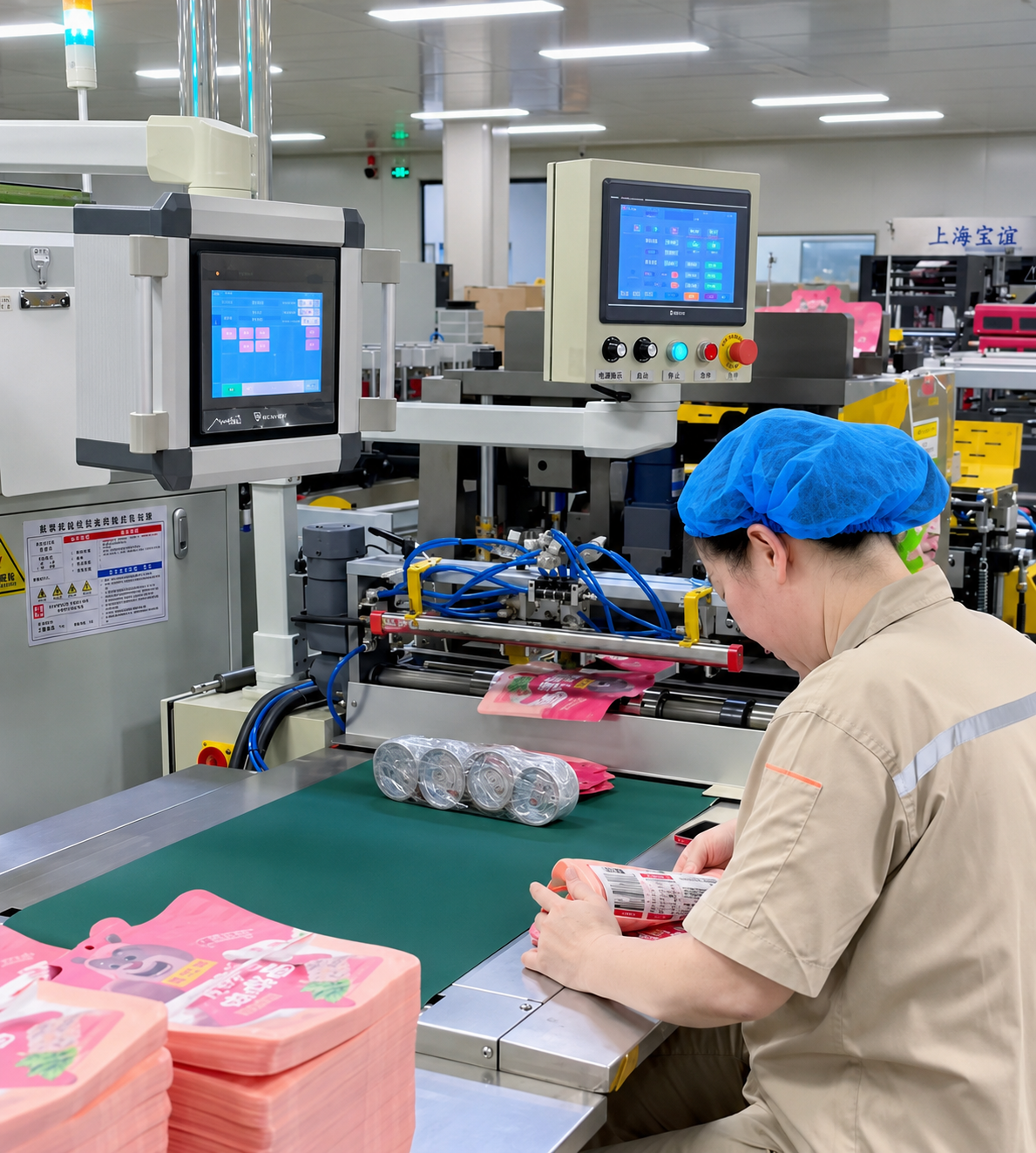 Packaging operator inspecting finished printed packaging beside production equipment